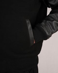 Men's <b>Black</b> Baseball <b>Jacket</b> PU Leather Sleeve Casual Button Closure Regular Fit Lettermen <b>Jackets</b> - Product Image 4