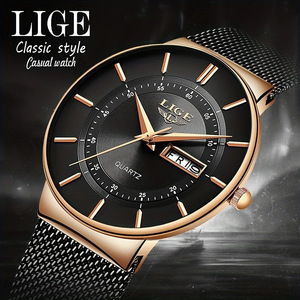 LIGE นาฬิกาควอทซ์สำหรับผู้ชาย 10 มม. ปฏิทินคู่แบบบางพิเศษวันที่สายรัดแบบตาข่ายกันน้ำนาฬิกาอะนาล็อกแบบลำลอง - Product Image 5