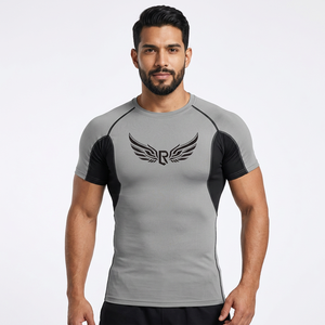 Rash Guard Men Short Sleeve Gray <b>Black</b> <b>Wing</b> Logo Quick Dry Spandex Polyester Compression Shirt for MMA BJJ Workout - Product Image 2