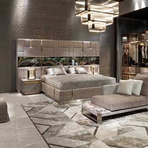 Cama King Size California de Madera de Teca Sólida Moderna y Lujosa con Cabecera Tapizada y 2 Mesitas de Noche, Juego de Dormitorio - Product Image 4