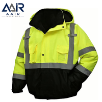 Veste de sécurité à capuche en polyester noir haute visibilité, fermeture éclair réfléchissante, vêtements de travail, logo personnalisé, uniforme pour les équipes de construction et de travaux routiers