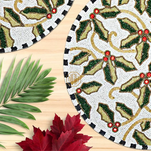 Beaded Christmas Holly <b>Placemats</b> Set <b>Red</b> Berry Leaf Dining Charger Mat Winter Holiday Table Decor Round Table Mat Wholesale - Product Image 3