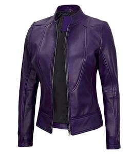 <b>Purple</b> Genuine Leather Jacket for Women Stand Collar Zip Up Biker Coat Windproof Winter Outerwear - Product Image 4