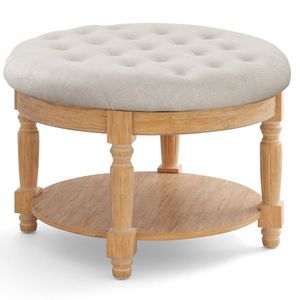 29-Inch Large Round Tufted Footrest Ottoman 2-Tier Coffee <b>Table</b> <b>with</b> Flip-Up Top Upholstered <b>Stools</b> & Ottomans - Product Image 1