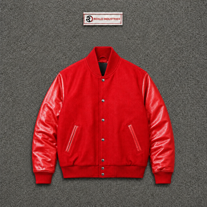 CLASSIC <b>RED</b> SNAP BUTTON Varsity Jacket PU Leather Sleeves Casual Turn-down Collar Regular Fit Solid Color Button Closure Autumn - Product Image 5