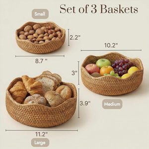 Paniers à fruits écologiques tissés festonnés multi-usages, bols de rangement décoratifs, paniers de service en osier tressé à la main pour pain et fruits - Product Image 3