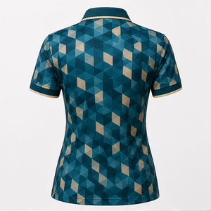 Polo de Manga Corta con Logotipo Personalizado para Mujer, Color Azul Verde Azulado, Diseño Geométrico de Cubos, Secado Rápido, Sublimación, Ropa Deportiva de Golf - Product Image 3