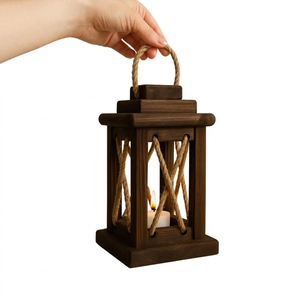 Farmhouse Wooden <b>Lantern</b> <b>Candle</b> Holder Indoor Outdoor Brown Wood Hanging Decorative Table Centerpiece with Rope Handle - Product Image 3