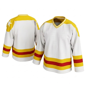 Jersey de hockey sobre hielo sublimado personalizado con franjas rojas y amarillas, transpirable, al por mayor, ropa deportiva para entrenamiento atlético. - Product Image 1