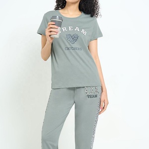 Womens Cotton Graphic T Shirt Leopard <b>Heart</b> Print Sage Green Crew Neck Short Sleeve Pajama <b>Top</b> Apparel Manufacturer - Product Image 3