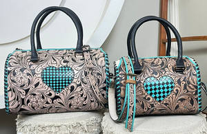Hand-Tooled Cow Leather Large Speedy Duffel <b>Bag</b> with Turquoise Checkered Heart Western Design Custom <b>Travel</b> Handbag <b>for</b> Women's - Product Image 5