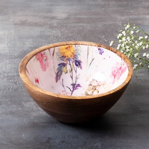 Bol à salade artisanal en bois de manguier écologique de luxe, émaillé, moderne, résistant au lave-vaisselle et au congélateur, motif floral aquarelle rose et blanc - Product Image 2