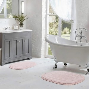 Oval Cotton <b>Braided</b> Bath Mats Set 2 Pieces <b>Pink</b> Non-Slip Rubber Backing Classic Style Home Use - Product Image 2