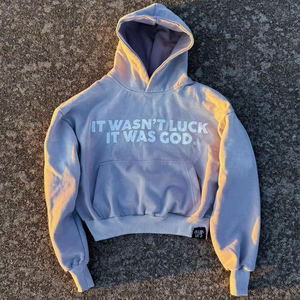 Sudadera con Capucha Azul Extra Grande Personalizada con Gráfico 'No fue suerte, fue Dios', 100% Algodón, Gruesa, Unisex, Estilo Urbano - Product Image 3