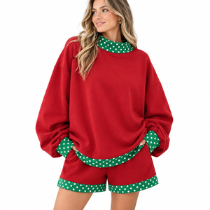 Women Red 2 Piece <b>Shorts</b> Set Crew Neck Long Sleeve Knitted Casual Loose Fit <b>Plaid</b> Trim Spring Summer Outfit With Custom Logo - Product Image 6