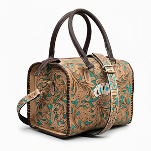 Vintage Western Hand Tooled Leather Speedy Bag for Women Turquoise Floral Tooled Cowhide Leather Boston Handbag - Product Image 2