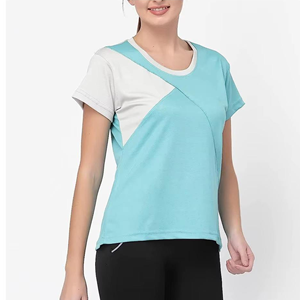 เสื้อยืดสปอร์ตบล็อกสีสำหรับผู้หญิง แขนสั้น คอกลม แห้งเร็ว ทรงพอดีตัว ใส่ได้ทั้งฤดูใบไม้ผลิและฤดูร้อน ผลิตจากโพลีเอสเตอร์ 100% - Product Image 1