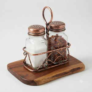 Rustic Metal Salt and Pepper Shaker Set with Glass <b>Jars</b> and Iron Caddy Holder for Kitchen Countertop Use Handmade - Product Image 5