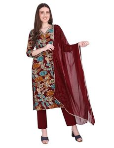 Conjunto de traje Patiala SAZU con estampado floral color granate para mujer, con kurta, pantalón y dupatta en algodón y rayón para uso diario, con bordado en el cuello. - Product Image 6