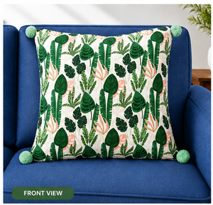 Funda de Cojín de Lujo con Estampado de Hojas Tropicales y Bordes de Pompones Hechos a Mano, Decoración Contemporánea para el Hogar, 100% Lino - Product Image 6