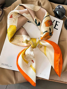 Foulard carré en soie de luxe pour femme, motif floral, 70 cm, pour le cou, les cheveux, la plage, hijab, bandana, bandeau - Product Image 2