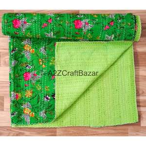 Edredón Reversible Kantha Vintage de Algodón Orgánico Bordado a Mano, Ecológico, para Todas las Estaciones, para Uso en el Hogar y Hoteles, Rajasthan - Product Image 4