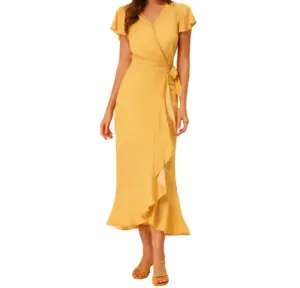 Женское платье с запахом, длинное платье из 100% искусственного шелка в стиле бохо с рукавами-фонариками, V-образным вырезом и оборками, Цветочное платье для девочек и женщин