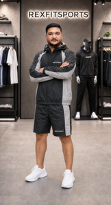 REXFIT SPORTS 2026 Custom Mens Black <b>Silver</b> Nylon Tracksuit 2 Piece Hooded Zip <b>Jacket</b> Shorts Set Private Label Sportswear - Product Image 6