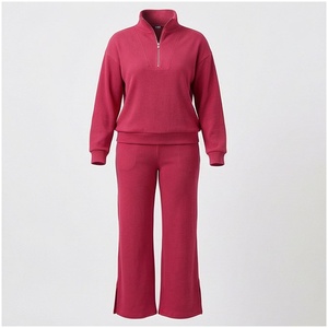 <b>Women</b> 100% Cotton Midweight Fleece Tracksuit Set Half-<b>Zip</b> Sweatshirt And Solid Color Pants Casual Autumn Wear - Product Image 1