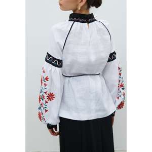 Blusa de lino blanca para mujer, bordada, con diseño floral étnico, bordado a mano, con lazo en el cuello. - Product Image 4