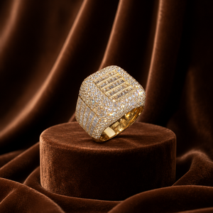 Baguette Cut Moissanite <b>Iced</b> Out <b>Ring</b> Round Shape Vermeil Yellow Gold Square Cluster Wedding Band for Men's - Product Image 5