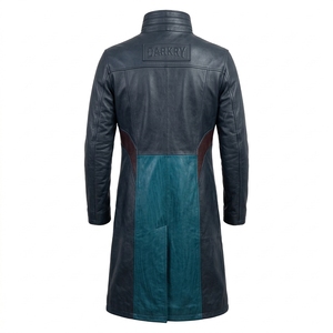 Abrigo de Cuero Genuino Azul Pizarra para Hombre, con Panel Azul Verdoso Personalizado, Cuello Alto, Cremallera Asimétrica, Gabardina Larga, Fabricante B2B - Product Image 2