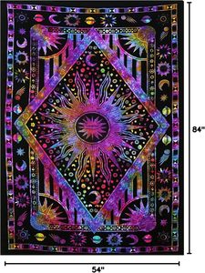 Tapiz Psicodélico Bohemio Hippie de Sol y Luna para Colgar en la Pared del Dormitorio, Cubrecama Decorativo Indio Hippie Multicolor Tie Dye - Product Image 1