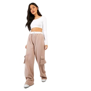 Recién llegado, artículo para mujer, pantalones cargo holgados de lana gruesa Beige con cintura elástica, pantalones holgados para mujer a la venta - Product Image 1