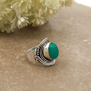 Handmade Vintage Natural Green Onyx Statement <b>Ring</b> Brass 925 Silver Plated <b>Adjustable</b> Band Boho & Hippie Style Unisex - Product Image 1