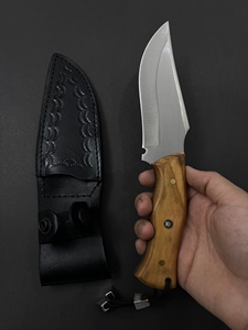 Cuchillo de Camping de Acero Inoxidable con Hoja Fija, Mango de Madera de Olivo y Funda de Cuero, Cuchillo de Caza para Exteriores - Product Image 3