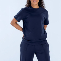 T-shirt en jersey tricoté bleu marine à col rond et manches courtes pour femme, coupe droite, couleur unie, style streetwear, épaules tombantes, vente en gros