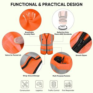 Multiple Pocket Reflective Safety Vests <b>for</b> Men Women High Visibility Vest Mesh Fabric <b>Construction</b> Safety Apparel Work Vest - Product Image 3