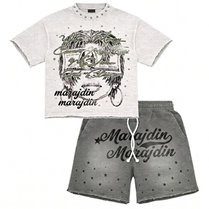 Shorts Crop Top Tshirt & Shorts Set DTG Print Logo Custom Streetwear Hip Hop Cotton Wholesale Tshirt Sets for <b>Men</b> - Product Image 4