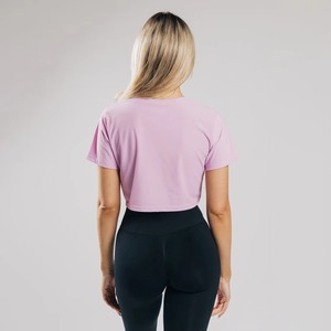 Camiseta Corta Rosa para Mujer, Cuello Redondo, Tejida, Color Sólido, Informal, Transpirable, Corte Regular - Product Image 5