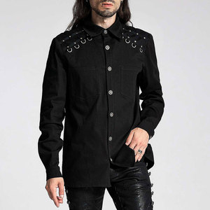 <b>Men's</b> Gothic D-Rings Long Sleeve Shirt Black Twill Denim <b>Studded</b> Shoulder Webbing Buttons Rock Party Top - Product Image 1