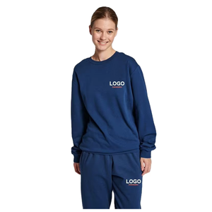 Custom Unisex Navy Blue 100% Cotton <b>Tracksuit</b> Set Crew Neck Full Sleeve Loose Fit Breathable Autumn Casual Wear with Logo Print - Product Image 2