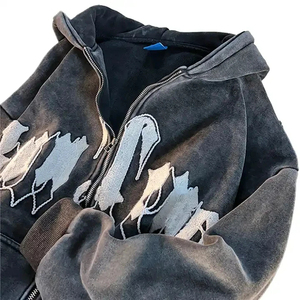 Mens Oversized Acid Wash <b>Zip</b> <b>Hoodie</b> Cotton French Terry Letter Print Front <b>Pocket</b> Streetwear Sweatshirt - Product Image 5