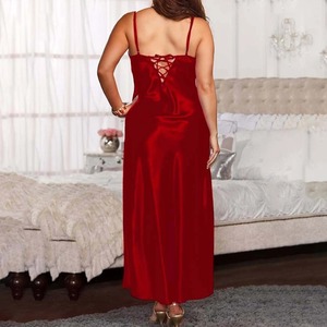 Women <b>Red</b> V-Neck Sleeveless Chiffon Nightgown Full Length Elegant Sleepwear Dress Summer Solid Color Smooth <b>Fabric</b> - Product Image 5