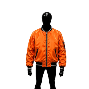 Chaqueta universitaria satinada naranja premium para hombre y mujer, chaqueta bomber brillante personalizada al por mayor con cuello y puños acanalados con rayas negras - Product Image 1