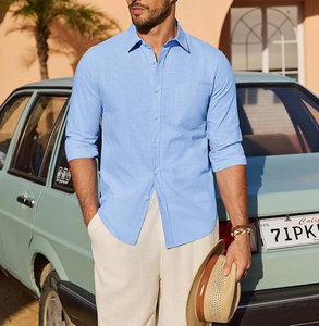 Camisa de Lino Francés 100% para Hombre, Manga Larga, Casual, de Algodón, Corte Regular, para Boda, Playa, Verano, con Botones - Product Image 3