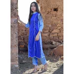 Conjunto de Traje de Satén Azul con Adornos de Perlas Plateadas, Diseño Étnico para Bodas, Fiestas y Eventos - Product Image 1