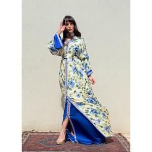 Beautiful Traditional Summer Floor-Length Silk <b>Kaftan</b> Printed Floral Motifs Blue Lining V-neckline Collar Wrinkle-Free Party - Product Image 4