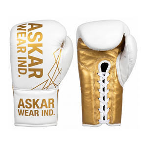 Askar Boxing Gloves <b>White</b> <b>White</b> Gold Sublimation Print <b>Laces</b> Closure Breathable Training Gloves for Adults - Product Image 1