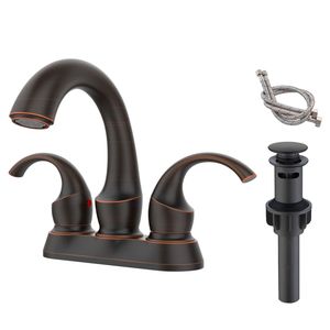 Rubinetto da bagno a 2 maniglie Swan Style da 4 pollici, in bronzo lucidato a olio, con aeratore e scarico a scomparsa, per lavabo. - Product Image 1